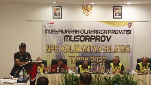 Sambutan Ketua Terpilih Sumansyah saat Musyawarah Olahraga Provinsi Luar Biasa (MUSORPROVLUB) NPCI Kalimantan Selatan 20-22 Juni 2023 di Hotel Roditha Banjarbaru